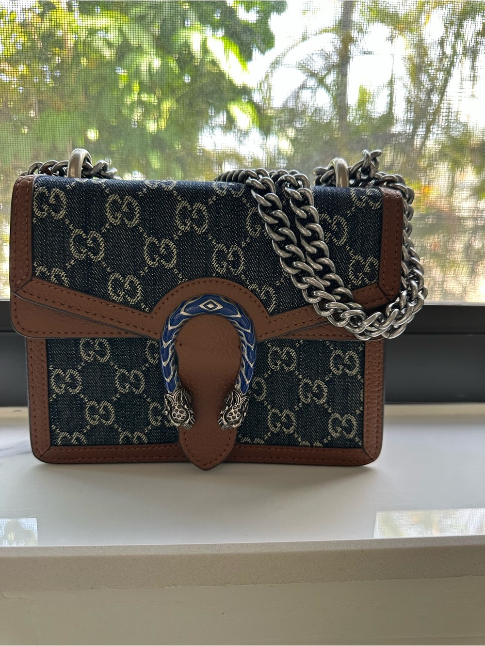 Designer Mini Shoulder Bag in Blue Denim and Brown Leather